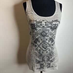 Vintage Almost Famous Sequin Tank Top Gray Y2K Womens XL Aztec Boho Ribbed Party